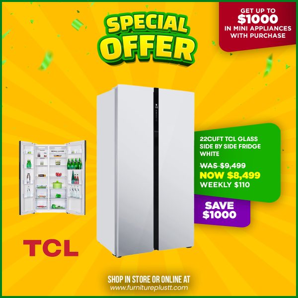 22cuft TCL Glass Side by Side Fridge White