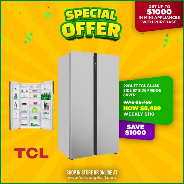 22cuft TCL Glass Side by Side Fridge Silver