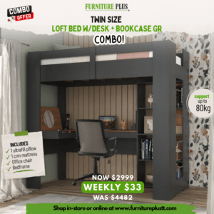 Twin Size Loft Bed w/Desk + Bookcase GR Combo