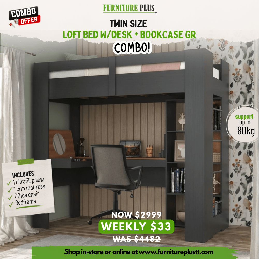 Twin Size Loft Bed w/Desk + Bookcase GR Combo