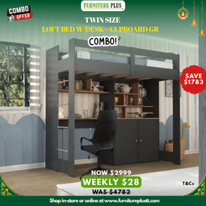 Twin Size Loft Bed w/Desk + Cupboard GR Combo